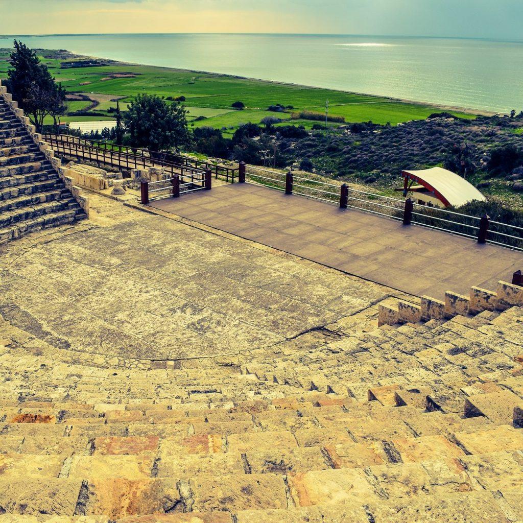 view looking down Amphitheatre steps at Kourion ancient archaeological site in Cyprus.