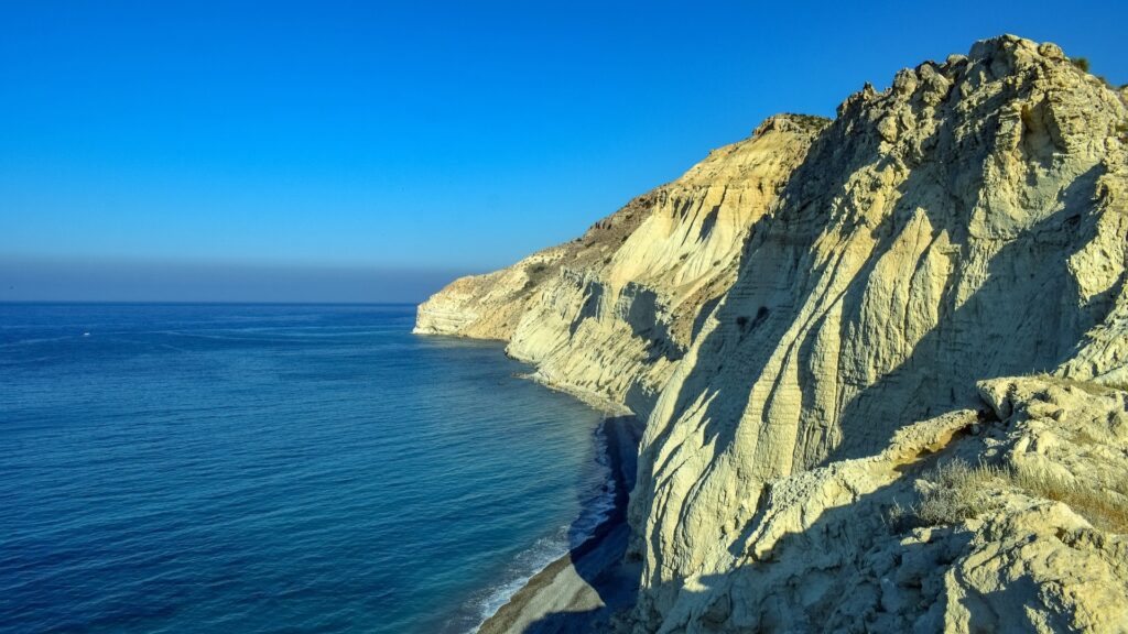 Photo looking over Cape Aspro white cliffs in Pissouri out to Mediterranean Sea