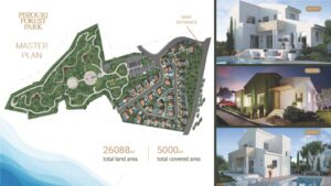 Pissouri Forest Park 3 render images of villas next to cgi of master plan of the development