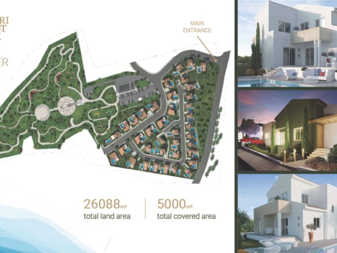 Pissouri Forest Park 3 render images of villas next to cgi of master plan of the development