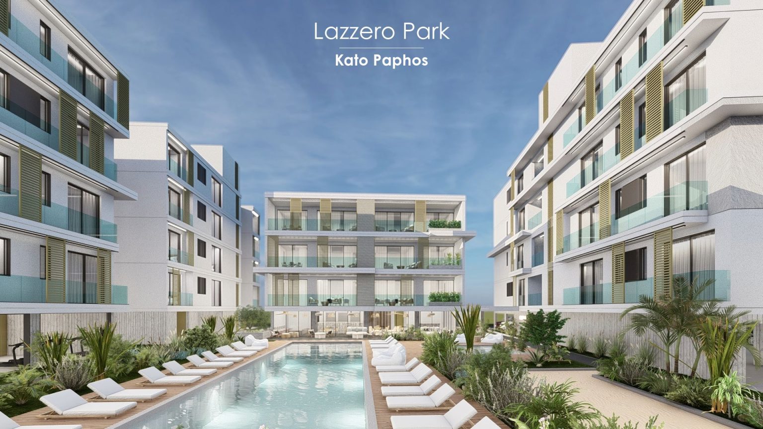 CGI image of new build housing complex with pool in Paphos, Cyprus
