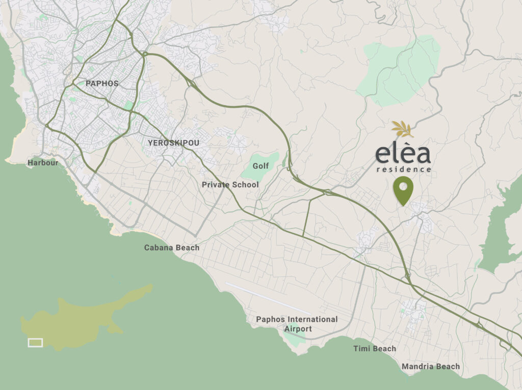 Image of a map of Paphos, with pin point of where Elea Residences is located, Anarita